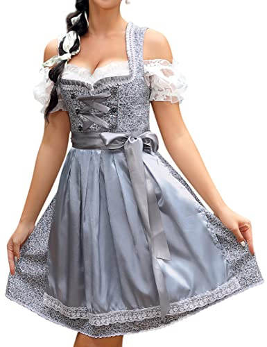 KOJOOIN Robe Dirndl Trachten Femme Robe Courte Dirndl 3 Pièces. pour Oktoberfest Gris-Bleu (3 pièces) 38