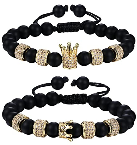 Flongo Pulseras de cuentas para parejas, pulsera de cuentas de circonita de piedra esmerilada natural, corona de rey y reina, pulseras de amistad para parejas, mujeres y hombres, regalos de joyería