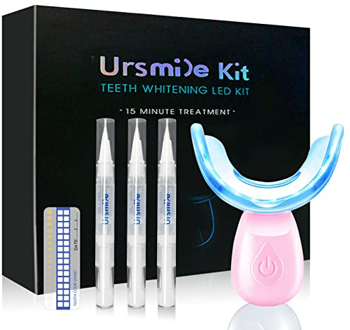HIYAA 16 LED Teeth Whitening Kit with 3 Gel Refills, Pink Tray - Sensitivity Free Whitener for Home & Travel