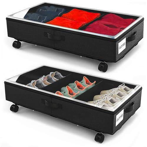 Cajas Almacenaje Ropa 2 Piezas Organizador Armario Canape Bolsa de Almacenamiento Guardar con ruedas Marco Metálico Ventana Transparente Plegable Caja Bajo Cama Para Zapatos Mantas Juguetes,Negro