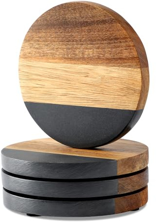 WLWNWFT Marble Acacia Wood Drinks Coasters Set of 4, Modern Rustic Wooden Coasters for Drinks Coffee Table Dining Table Desk Christmas Housewarming Home Office