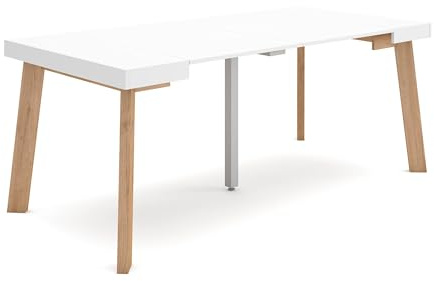 Skraut Home | Table Console Extensible | Console Meuble | 180 | pour 8 Personnes | Pieds en Bois | Style Moderne | Blanc