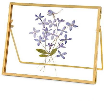 REDHUGO Glass Pressed Flower Frame Handmade, Glass Floating Picture Frames Tabletop Brass Photo Frame for DIY Dried Flowers Home Plant Specimen, Rectangle Horizontal 5×7 inches,Gold (FRAME ONLY)