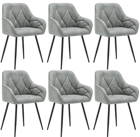 WOLTU Lot de 6 Chaises de Salle à Manger, Chaises de Cuisine Rembourrées avec Dossier, Accoudoirs, Pieds en Métal, pour Salon, Bureau, Coiffeuse, en Simili Cuir Vintage,Gris.