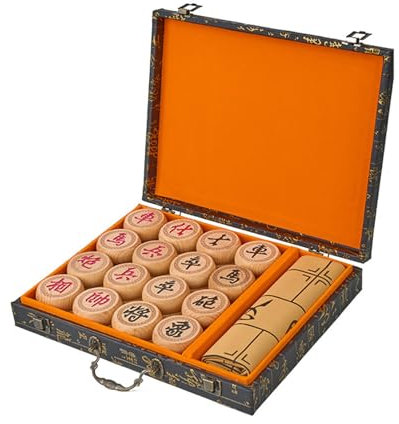 Chinesisches Schachspiel aus Buchenholz, Luxus-Brettspiel for zwei Spieler, traditionelles chinesisches Xiangqi, pädagogisches Strategiespiel, Puzzlespiel mit Box und Schachbrett aus Leder(Size:4.8cm/