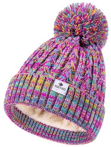 HAITHO Kids Toddler Winter Hat with Pom Pom, 2 Size Kids Toddler Teen Beanie Hats for Girls Boys, Cute Warm Fleece Lined Knit Beanies Cap for Age 2-12 Years-08