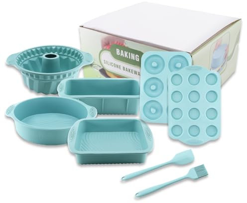 TOKSEO 8 in 1 Antihaft Silikon Backform Set, Silikon Muffinförmchen, Silikon Rechteckig/Quadratische/Gugelhupf/Runde/Donuts Backform mit Teigschaber und Backpinsel für Pizza Brot Kuchen Muffin