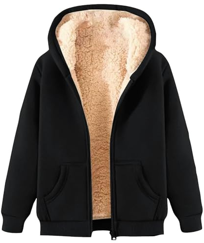 Fleecejackor för män hel dragkedja, huvtröjor för män hel dragkedja sherpa fodrad fleece – varma vinterjackor vanlig huvtröja, vintertermiska tröjor med huva vindtäta varma toppar tjock kappa, Svart,