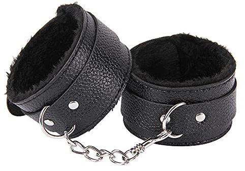 TAUOE Manette in Pelle Nera con Pelliccia, Catena in Metallo, 2 Pezzi