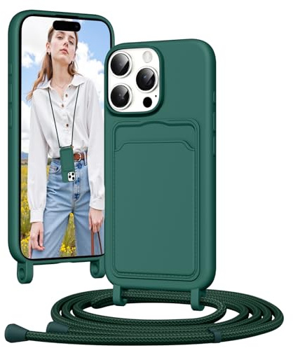 Vauki Mobiltelefonkedja silikonskal för iPhone 16 Pro med band, mobiltelefonskal med kortfack, avtagbart justerbart snöre kedja för upphängning, stötsäkert skyddsfodral för iPhone 16 Pro-snöre