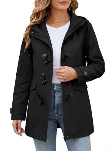 CMTOP Giacca Primaverile Donna Giubbotto Casual in Cotone Elegante Cappotto con Bottoni in Corno Leggera Utility Jacket con Cappuccio Militare Giacche Primavera Autunno(Nero, XL)