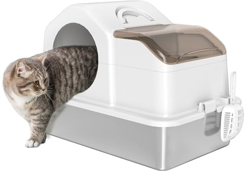 PawHut Lettiera Gatto Chiusa XL in Acciaio Inox con Coperchio, Toilette per Gatti 36L con Pareti Alte, Paletta, Tappetino Raccogli-sabbia, 60.5x40.5x45 cm, Bianco