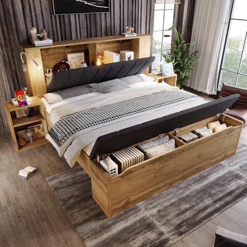 Letto matrimoniale in legno con testiera pieghevole in tessuto di lino, spazio per due comodini, con spazio di archiviazione, lampade da lettura con rete a doghe USB, colore rovere senza materasso