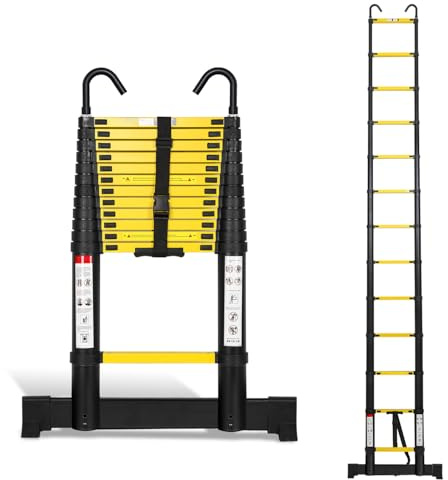 Joparri Teleskopstege av aluminium, 3,8 meter, utdragbar med stabilisator och avtagbar krok, halkfri aluminiumstege, lastkapacitet 150 kg, svart/gul