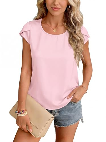 Yommay Blouse for Women Summer Chiffon Tops Slim Fit Basic Soft Cute Shirts | Ladies Lightweight t shirt Round Neck Elegant Casual Petal Sleeve Classic Chiffon Womens Daily Working Tops with Dress Shorts