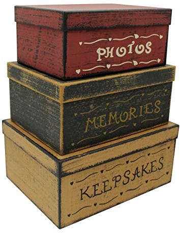 CVHOMEDECO. Primitive Vintage Rectangular Photos, Memories, Keepsakes Cardboard Nesting Boxes, Large 12 x 9 x 5.5 Inch. Set of 3.