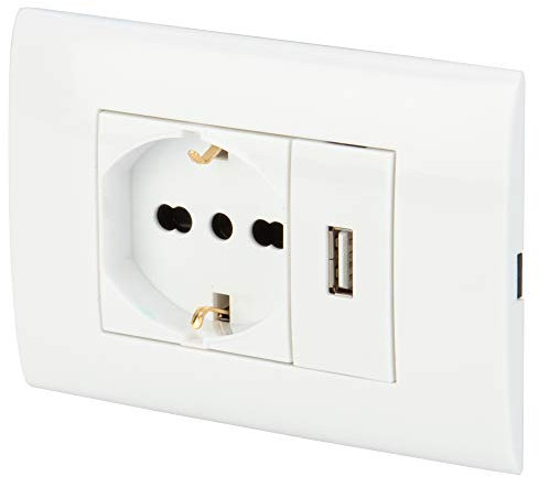 POLY POOL - PP6096X Unterputz-Set 250V mit Multistandard-Schuko-Steckdoseneinsätzen, Stecker 10A – 16A italienisch/deutsch und USB-Buchse 2,1A - weiß mit Dose für Wandmontage