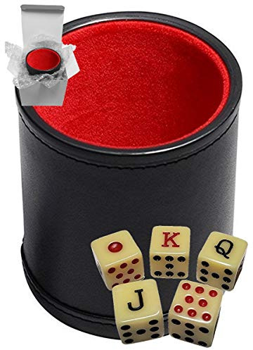 Cyber-Deals Set of Dice Cup Black PU Leather w/Plush Red Felt Lined + Spanish Poker Dice Bone Tone (Gift Boxed)
