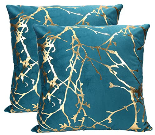 Idocolors 2er Set Samt Kissenbezug für Sofa 45x45 cm Dekorative Kissenhülle mit Goldenes Muster, Dekokissenbezuge für Schlafzimmer Wohnzimmer Zierkissenbezüge Dunkelblau