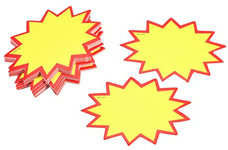 sourcing map Etiquetas de Precio en Blanco, Letrero de Venta de Estallido de Estrellas, Etiqueta Precio de Papel 70x50mm Amarillo para Precio de Venta Minorista, Paquete de 100