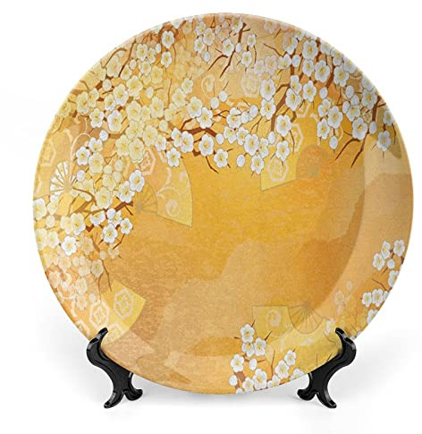 LIGUTARS Decorative Plates, Asian Print Ornament, Japanese Cherry Blossom Tree Branches, 10 Inch, 1 Plate with 1 Display Stand, Marigold Cream