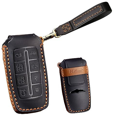 TECART Leder-Schlüsselanhänger-Schutzhülle, Zubehör, passend für Genesis GV80, GV90, G70, Schlüsselanhänger, Automobil, 8 Tasten, Schwarz