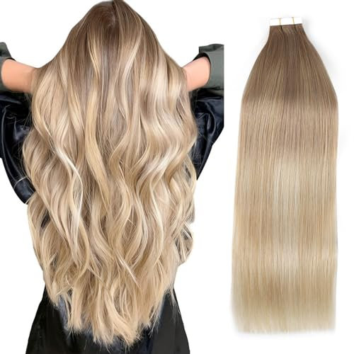 YMEYME Balayage Hair Extensions Tape in Echthaar 40cm Aschbraun, das in ein schmutziges Blond mit Platinblond verblasst #B8-18-60-A 50g 20 Stück