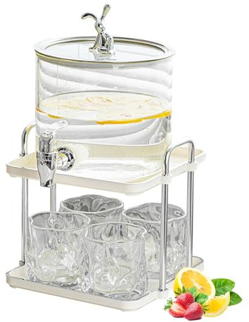 Getränkespender aus Glas,CEIEVER Eisgetränkeglas mit Zapfhahn aus Edelstahl und Ständer Wasserspender Glasbehälter für kalte Getränke mit 4 Gläsern Limonaden-Getränkespender für Partys (2500ML)