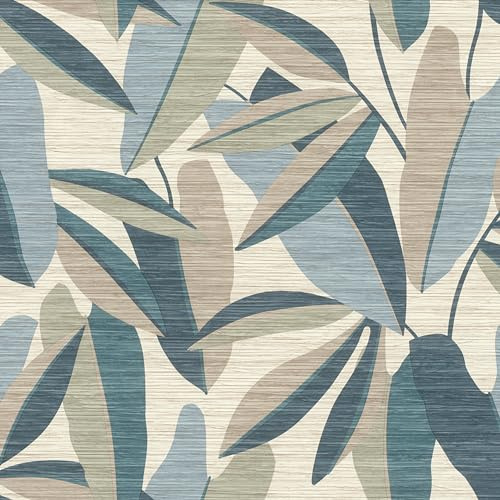 Rasch Tapeter 866346 – fibertapet med blad i blått, grönt, beige och brunt från Symphony-kollektionen – 10,05 m x 0,53 m (L x B):