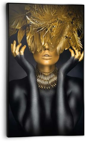 REINDERS Gerahmtes Bild, Frau mit goldenen Federn, Wohnzimmer, Poster, Wanddeko, Room Decor, MDF, Gold, 118 x 70