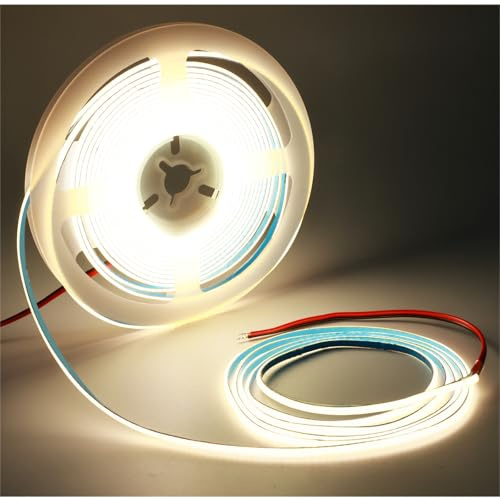 Tesfish LED Remsa Ljus 12V, 3mm Brett Ultratunt LEDstrip COB Natur vit 4000K 5 Meter 384 LEDs/M Totalt 1920 LEDs Neonljus Flexibel Ljuslist för Fest, Disk, Hylla, Hemdekoration