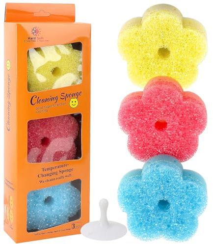 Scrub Sponge, 3-Piece Pack of Floral Shaped Dual Texture, Non-Scratch and Absorbent Dual Sided Sponge, Perfect for Kitchen & Bathroom & Ourdoor Cleaning