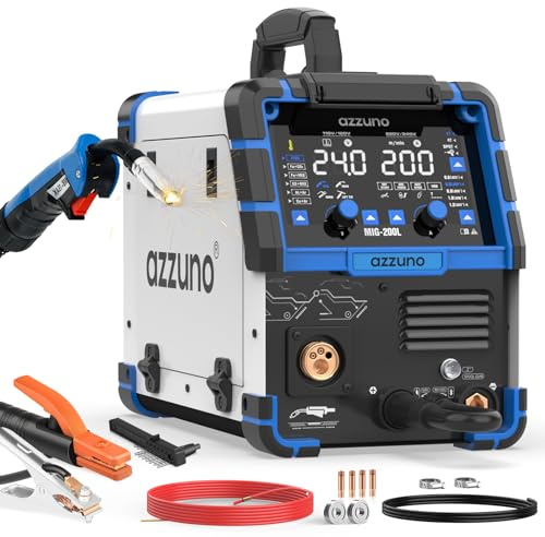 AZZUNO 200A MIG Welder 110V/220V, 8 in 1 Welder Machine Aluminum MIG/Gas MAG/Gasless Flux Core MIG/Gas MIG/Spot MIG/Spool Gun Compatible/Lift TIG/Stick Welding, Multi process Welding Machine