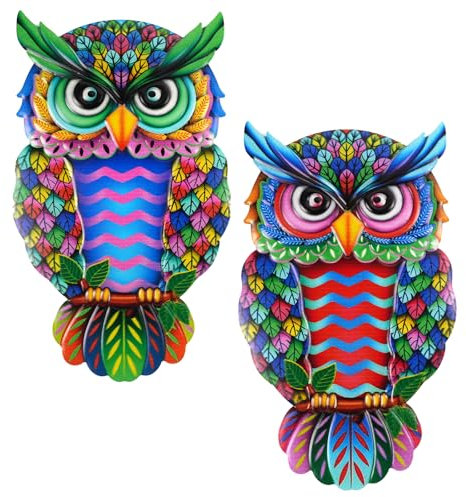 Weysoo 2 Pack Metal Owl Wall Art Decor, Colorful Owl Garden Ornaments, Wrought Iron Wall Hanging Decoration for Garden Fence Patio Porch Yard Indoor Outdoor
