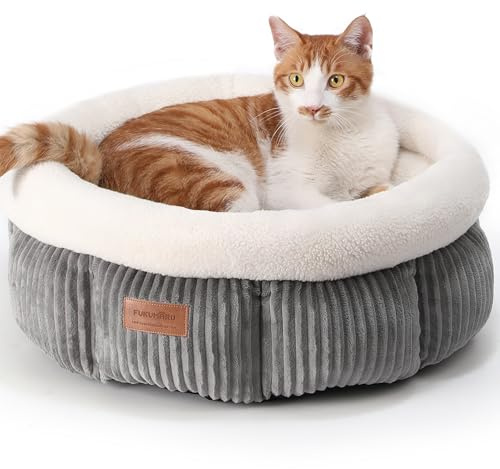 FUKUMARU Katzenbett waschbar Katzen Bettchen, 48x48x20cm Katzenkorb mit erhöhtem Rand, weiches Bett aus geripptem Plüsch für Katzen oder kleine Hunde, grau