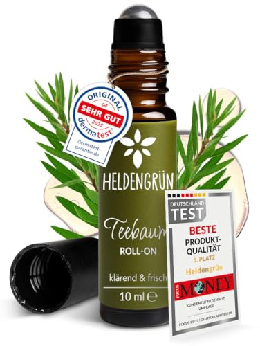 Heldengrün® BIO Roll-On Teebaum Anti-Pickel [100% NATURREIN] Dermatologisch getestet - 2-in-1: reinigt & pflegt - Teebaumöl Stift mit Jojoba- & Mandelöl