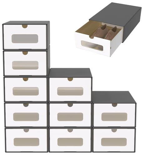 ACXIN Set di 10 scatole per scarpe, impilabili, cassetti con finestra trasparente, cartone in carta kraft, 34,5 x 23,5 x 13,5 cm, colore: antracite