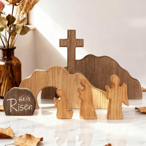 Glintoper Empty Tomb Easter Scene and Cross Decoration, 7pcs Wooden Easter Resurrection Scene Cross Jesus Tomb Tray Set, Tabletop Christian Gifts Jesus Nativity Scene Decor for Religious Home Office