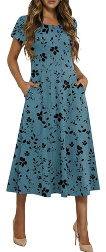 HOTOUCH Casual Dresses for Women Short Sleeve Flare Midi Dress Womenss Summer Floral Dress A Line Dresses 2026 Sundress, Blue Green Floral,L