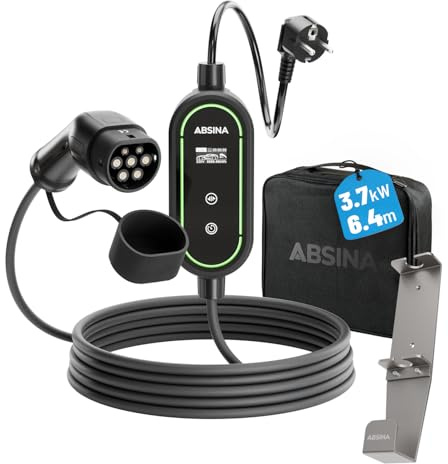 ABSINA Typ 2 laddningskabel Schuko med justerbar laddningseffekt – ICCB laddningskabel 3,7 kW, 16 A, 1-fas IP67 med 6 m kabel aluminium typ 2 väggfäste – EV-laddare med kabelhållare