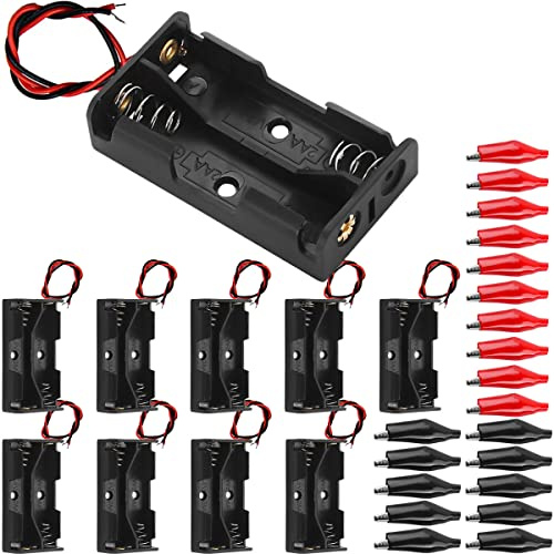 HAAMNING7 2 AA batterihållare fodral låda 3 V, 10 st batteripaketfodral med trådledningar, 2 fack, seriens batterilåda, plasthus med 20 st alligatorklämma