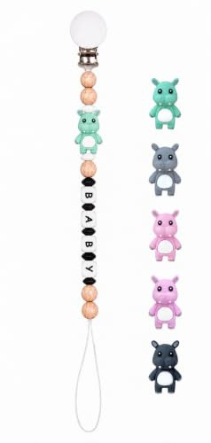 Baby nappkedja klämma, nappkedja 3D djur pärla nappband flickor och pojkar, klämmor för haklapp, triangulär halsduk, napp/barnvagn/babybär/bilstol, babygåva (flodhäst) (mörk grå)