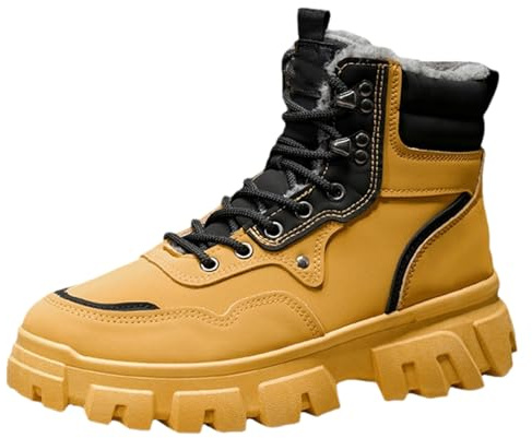 Bottines d'hiver chaudes pour homme avec semelle épaisse et lacets - Chaussures de marche décontractées doublées de fourrure - Pour temps froid, jaune, 39 1/3 EU