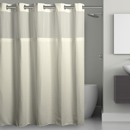 Hookless It’s A Snap! Waffle Shower Curtain, 3-in-1 Shower Curtain includes Fabric Shower Curtain with Sheer Top Window, Flex-On Rings & Fabric Liner, 71” x 74”, Cream