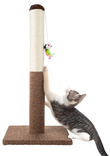 PETMAKER Cat Scratching Post - Tall Scratcher for Cats and Kittens with Sisal Rope and Carpet, Hanging Mouse Toy for Interactive Play (24.5 Inch)
