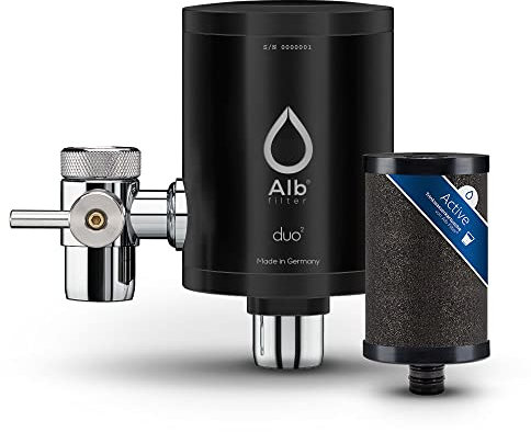 Alb Filter® Duo Active Trinkwasserfilter | Armatur Anschluss | Filtert Schadstoffe, Chlor, Blei, Pestizide, Mikroplastik | Set mit Gehäuse und Kartusche | Made in Germany Edelstahl Schwarz