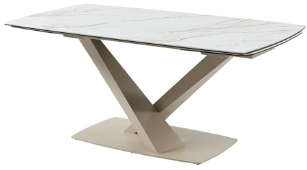 Vente-unique - Table à Manger Extensible 6 à 10 Personnes en Verre trempé, céramique et métal - Effet marbre Blanc et Beige - MALATA de Maison Céphy