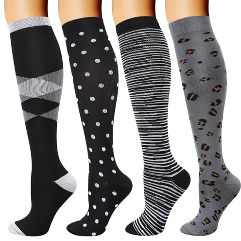 DRESHOW 4 Pares Calcetines de Compresión para Mujeres y Hombres Circulatorio Mejor Soporte para Atletismo, Running, Ciclismo, Viajar