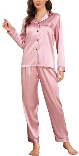Lovasy Pyjamas for Women Silk Satin Pjs for Women Sets Long Sleeve Button Down Ladies Pajamas Classic Women's Pyjama Sets Two Piece Bride Pjs,Pink,M