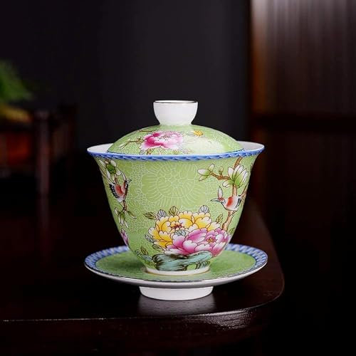 Traditionelle chinesische Teetasse, Keramik Gaiwan Sancai Teeschale Teeservice, chinesische Porzellan-Kungfu-Teetasse und Untertasse mit Deckel, Tee-Sets 2021, Grün